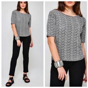 Eileen Fisher Top Linen Crepe Knit Short Sleeve Black White Small